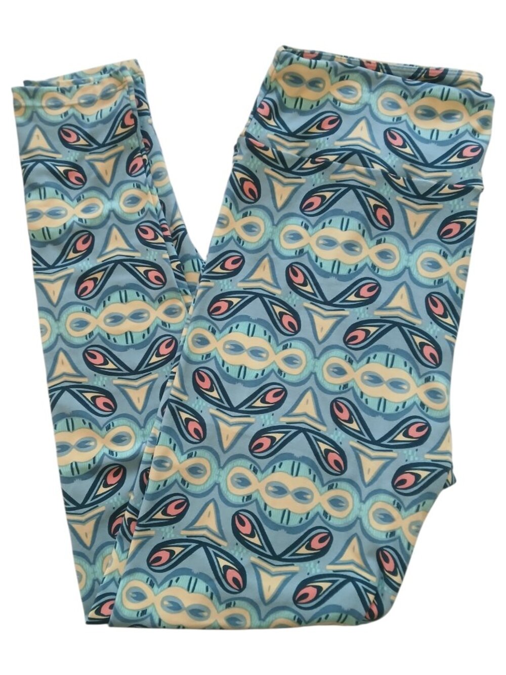 LuLaRoe Buttery Soft Leggings Light Blue Yellow Design Womens Tall & Curvy #020